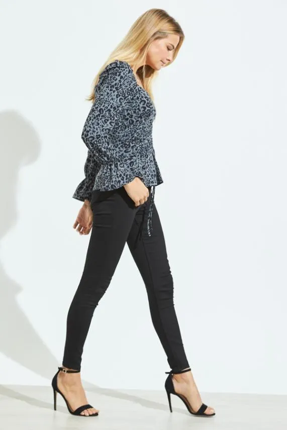 Sosandar Blue and Black Animal Print Ruched Front Jersey Top Blue Black Women Tops