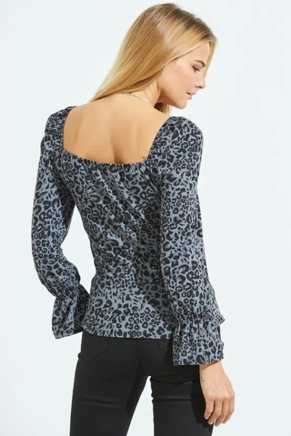 Sosandar Blue and Black Animal Print Ruched Front Jersey Top Blue Black Women Tops