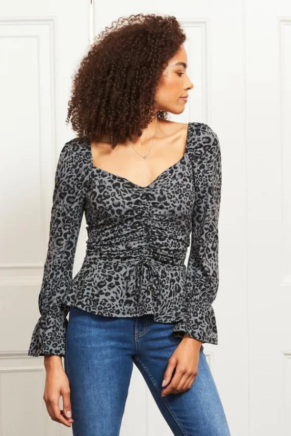 Sosandar Blue and Black Animal Print Ruched Front Jersey Top Blue Black Women Tops