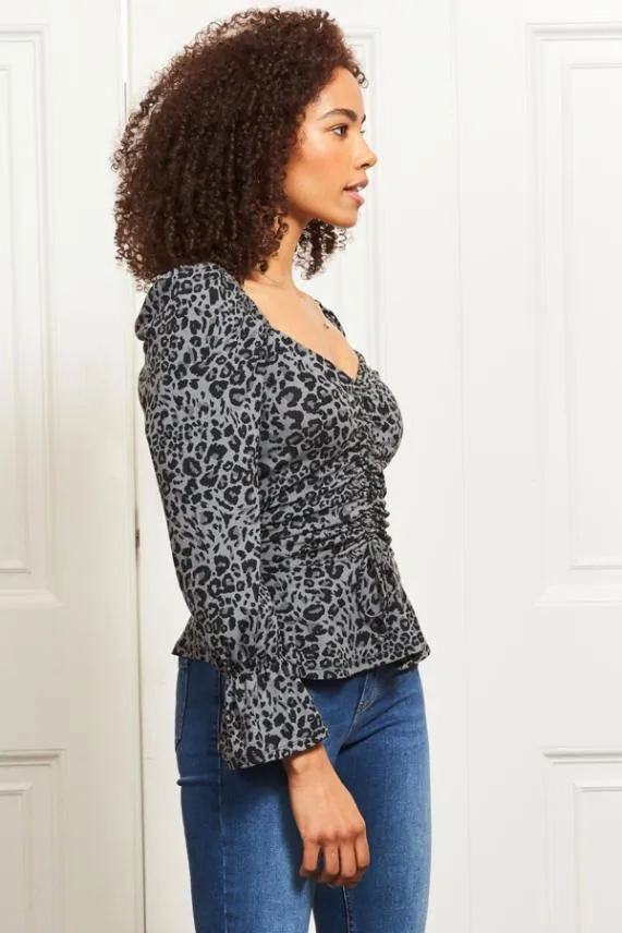 Sosandar Blue and Black Animal Print Ruched Front Jersey Top Blue Black Women Tops