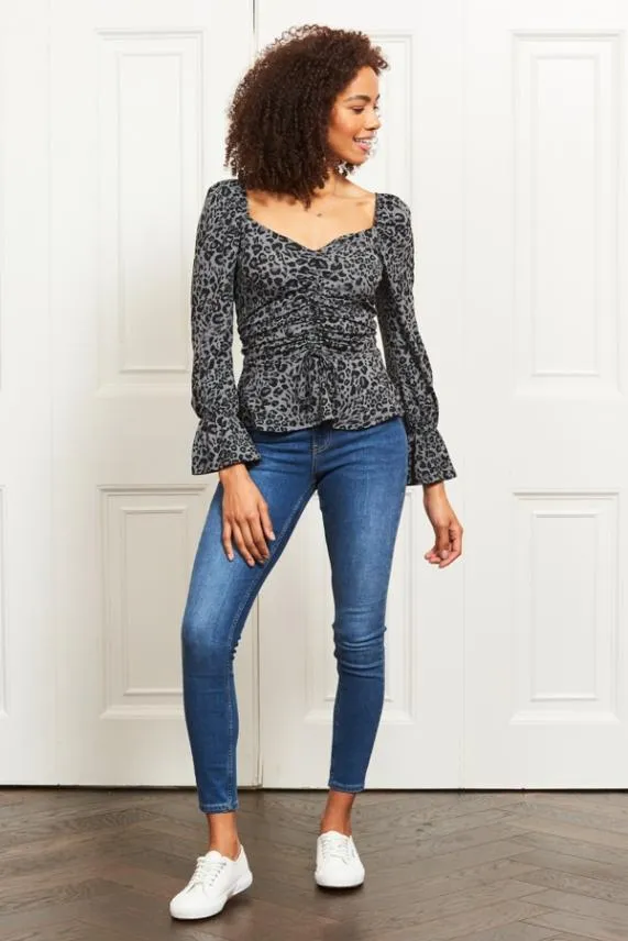 Sosandar Blue and Black Animal Print Ruched Front Jersey Top Blue Black Women Tops