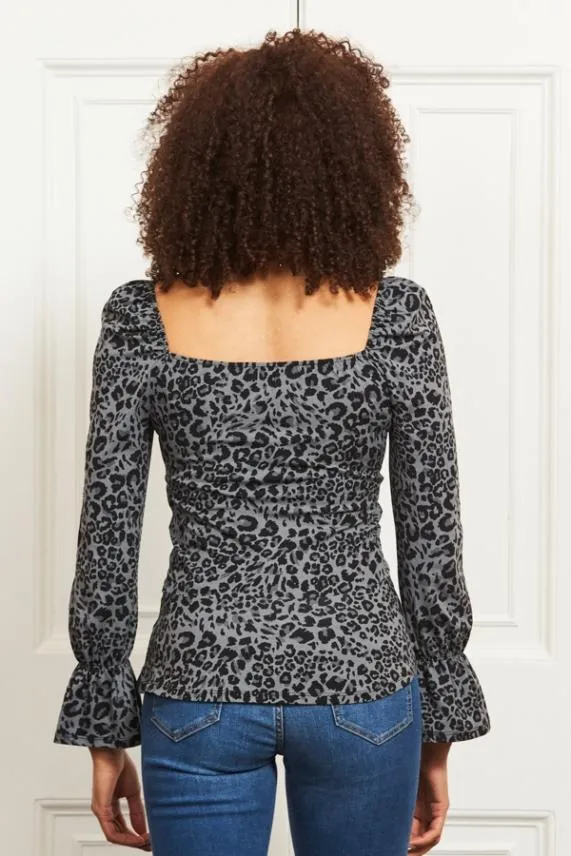 Sosandar Blue and Black Animal Print Ruched Front Jersey Top Blue Black Women Tops