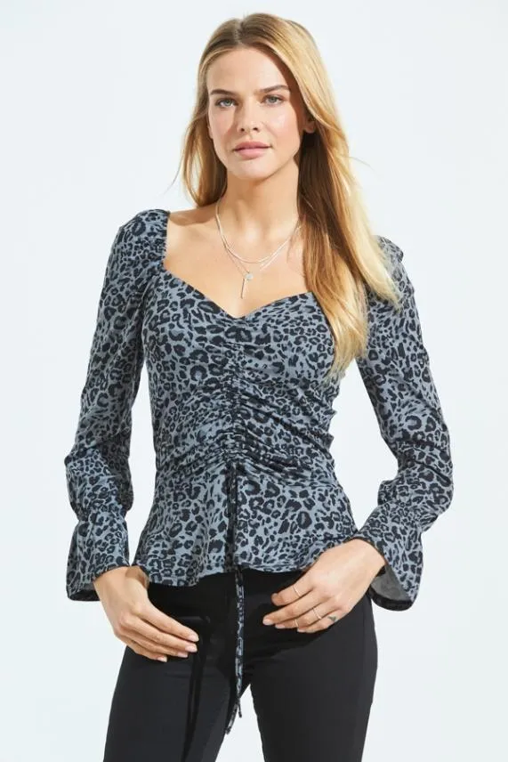 Sosandar Blue and Black Animal Print Ruched Front Jersey Top Blue Black Women Tops