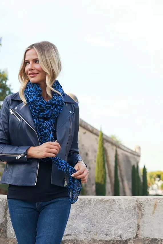 Sosandar Blue and Black Animal Print Scarf Blue Black Women Hats Scarves and Gloves
