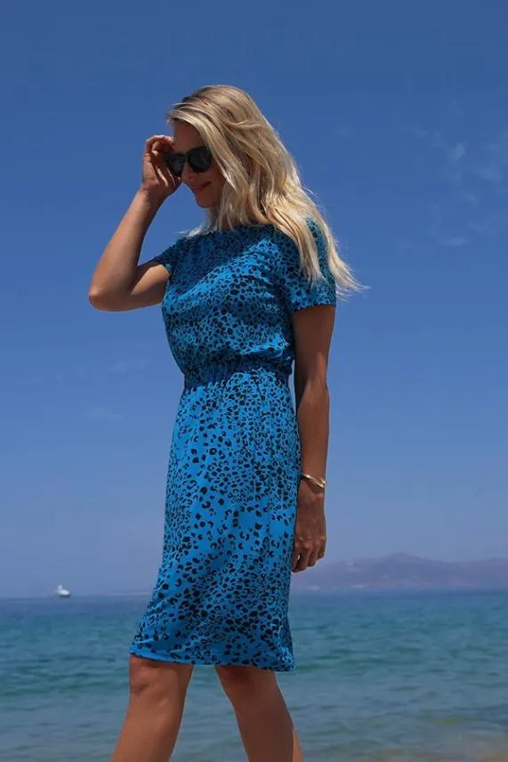 Sosandar Blue and Black Animal Print Stretch Waist Dress With Pockets Blue Black Women Dresses