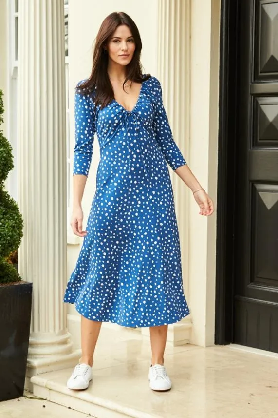 Sosandar Blue and Ivory Fleck Print Ruched Detail Midi Dress Blue Women Dresses