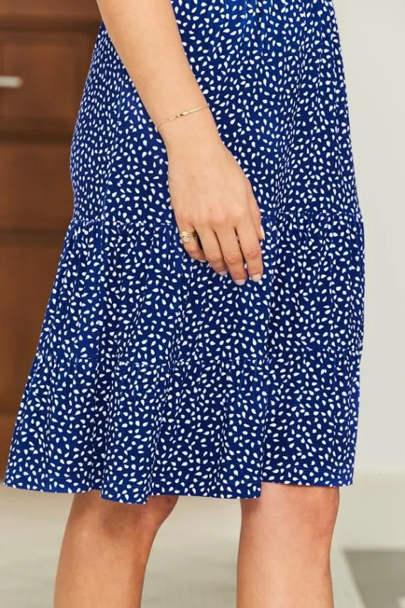 Sosandar Blue and White Fleck Print Jersey Tiered Fit and Flare Dress Blue White Women Dresses