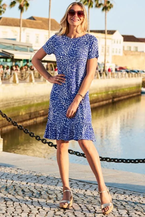 Sosandar Blue and White Leopard Print Ruffle Hem Shift Dress Blue White Women Dresses Sosandar Blue and White Leopard Print Ruffle Hem Shift Dress Blue White Women Dresses