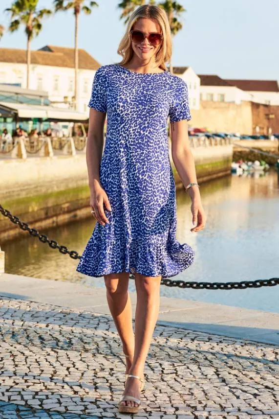 Sosandar Blue and White Leopard Print Ruffle Hem Shift Dress Blue White Women Dresses