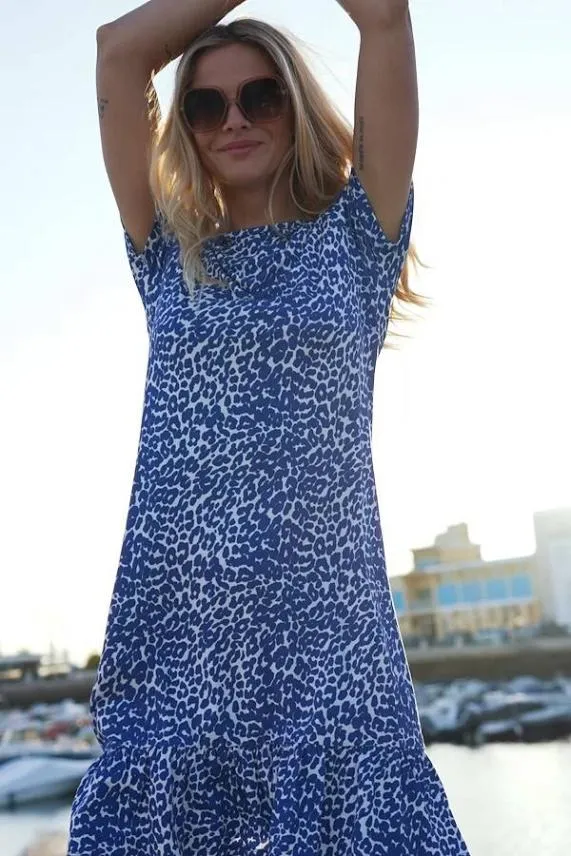 Sosandar Blue and White Leopard Print Ruffle Hem Shift Dress Blue White Women Dresses