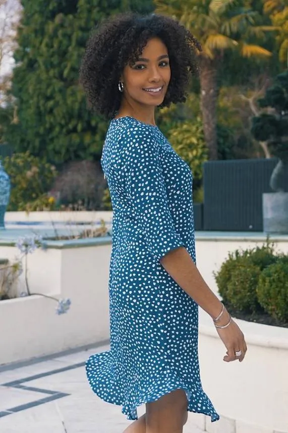 Sosandar Blue and White Spot Print Ruffle Hem Shift Dress Blue White Women Dresses