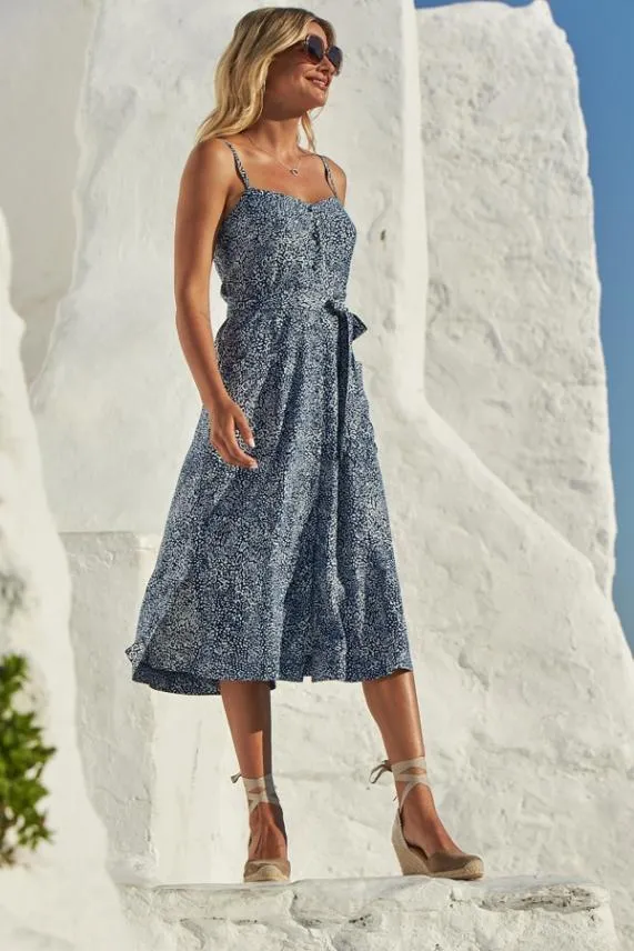 Sosandar Blue Animal Print Button Front Belted Midi Dress Blue Women Dresses