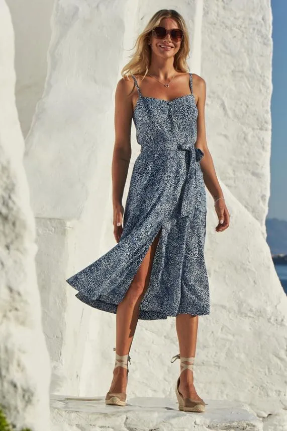 Sosandar Blue Animal Print Button Front Belted Midi Dress Blue Women Dresses