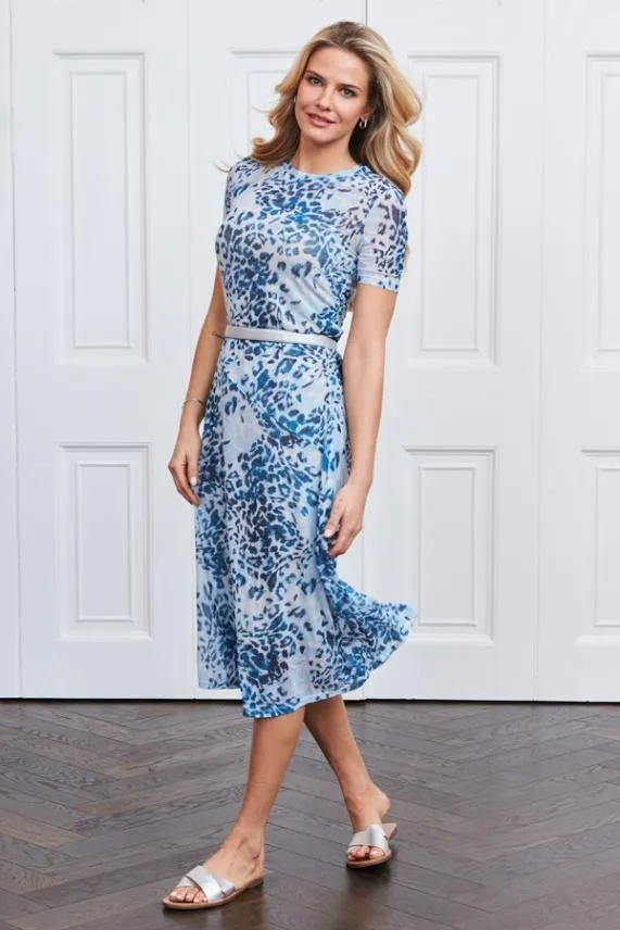 Sosandar Blue Animal Print Mesh Midi Dress Blue Women Dresses