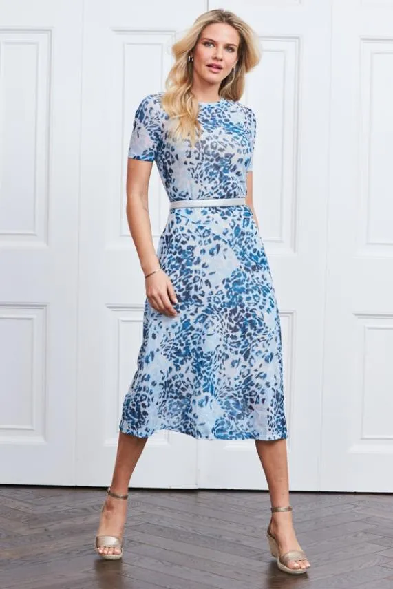 Sosandar Blue Animal Print Mesh Midi Dress Blue Women Dresses