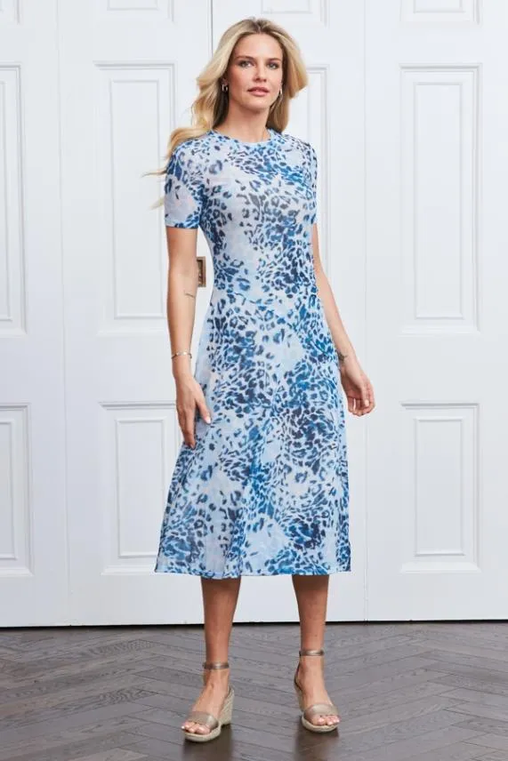 Sosandar Blue Animal Print Mesh Midi Dress Blue Women Dresses