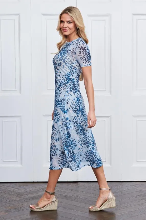 Sosandar Blue Animal Print Mesh Midi Dress Blue Women Dresses