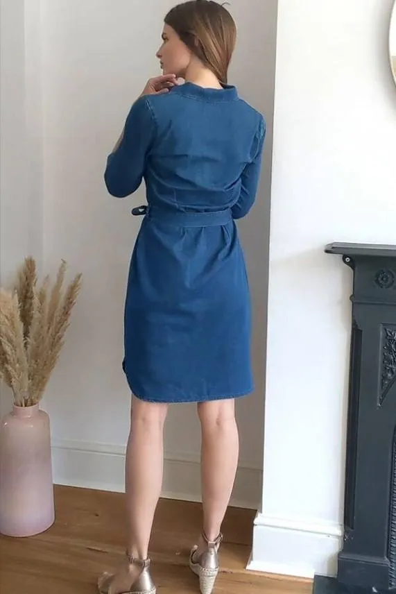 Sosandar Blue Belted Super Soft Denim Shirt Dress Blue Women Dresses