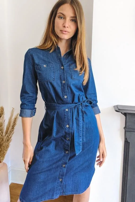 Sosandar Blue Belted Super Soft Denim Shirt Dress Blue Women Dresses