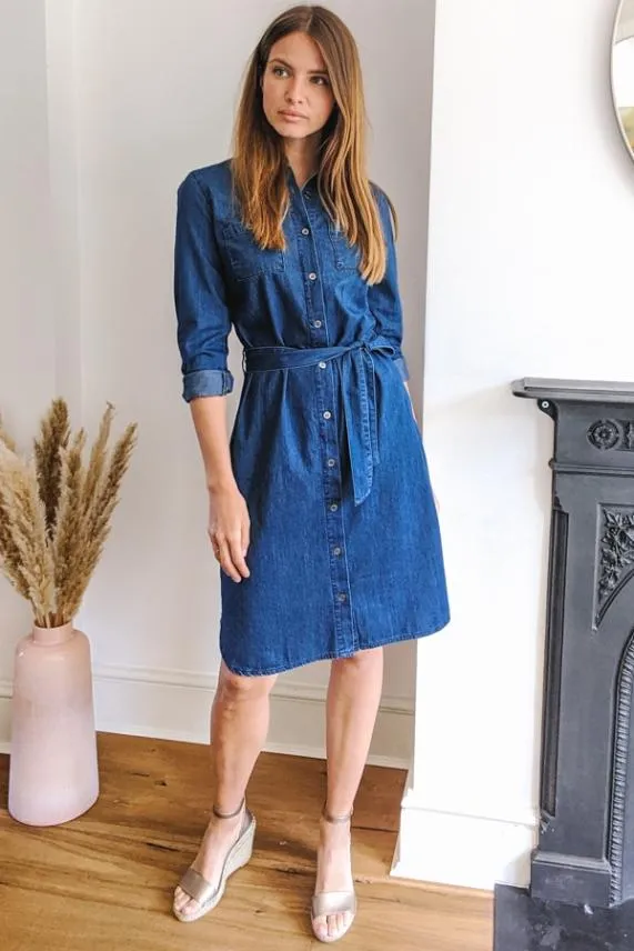 Sosandar Blue Belted Super Soft Denim Shirt Dress Blue Women Dresses