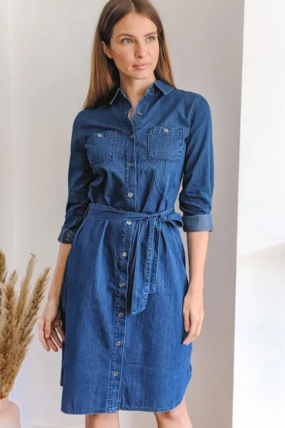 Sosandar Blue Belted Super Soft Denim Shirt Dress Blue Women Dresses