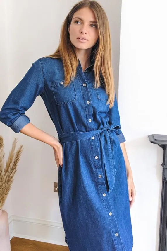 Sosandar Blue Belted Super Soft Denim Shirt Dress Blue Women Dresses