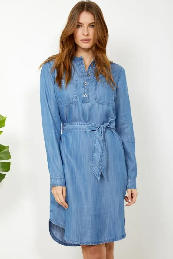 Sosandar Blue Chambray Denim Belted Dress Blue Women Dresses