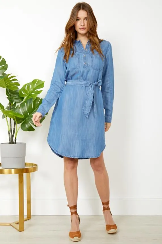 Sosandar Blue Chambray Denim Belted Dress Blue Women Dresses