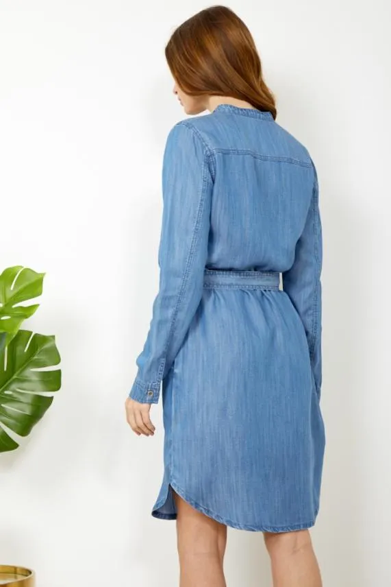 Sosandar Blue Chambray Denim Belted Dress Blue Women Dresses