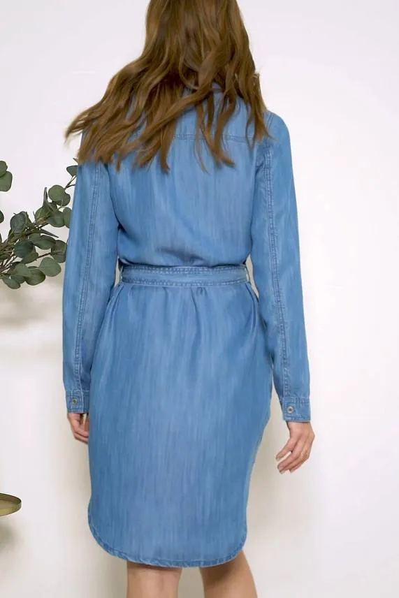 Sosandar Blue Chambray Denim Belted Dress Blue Women Dresses