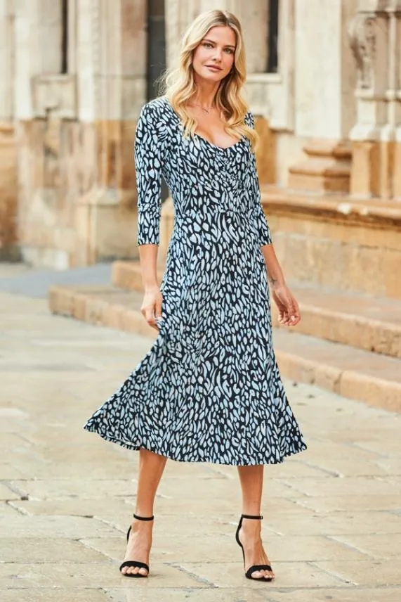 Sosandar Blue Fleck Print Sweetheart Neck Midi Dress Blue Women Dresses