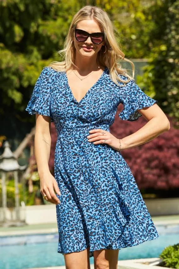 Sosandar Blue Leopard Print Angel Sleeve Wrap Dress Blue Women Dresses