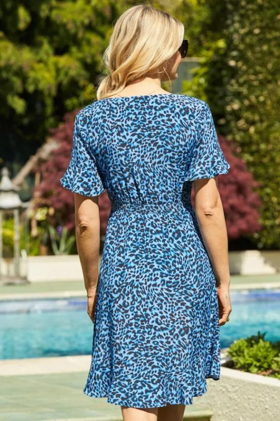 Sosandar Blue Leopard Print Angel Sleeve Wrap Dress Blue Women Dresses