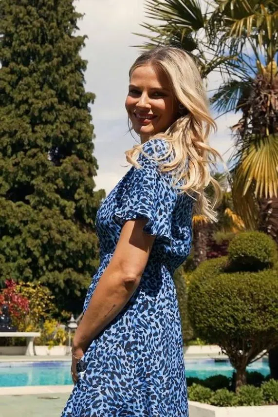 Sosandar Blue Leopard Print Angel Sleeve Wrap Dress Blue Women Dresses