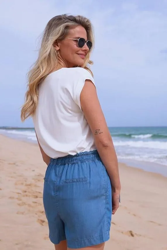 Sosandar Blue Tencel Tie Waist Denim Shorts With Pockets Blue Women Shorts