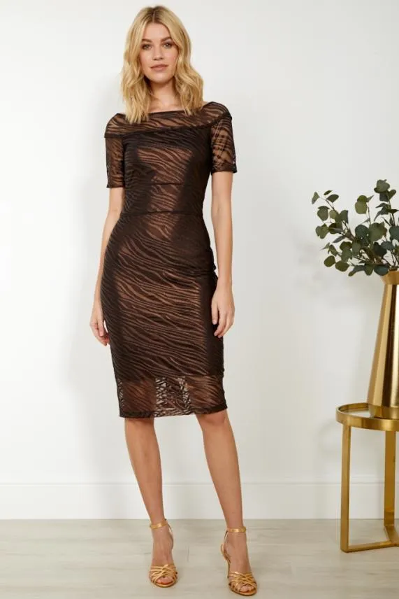 Sosandar Bronze Zebra Print Mesh Bardot Dress Women Dresses