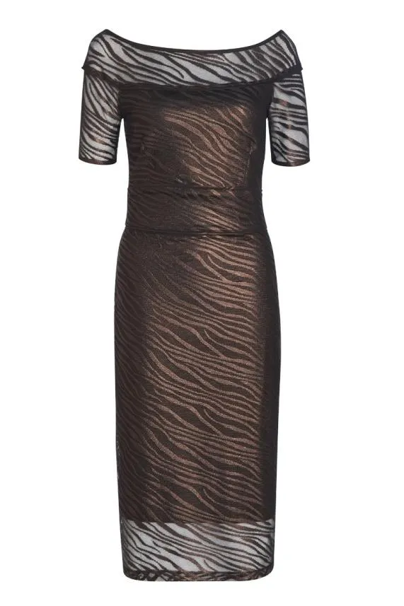 Sosandar Bronze Zebra Print Mesh Bardot Dress Women Dresses