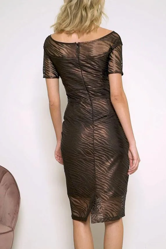Sosandar Bronze Zebra Print Mesh Bardot Dress Women Dresses