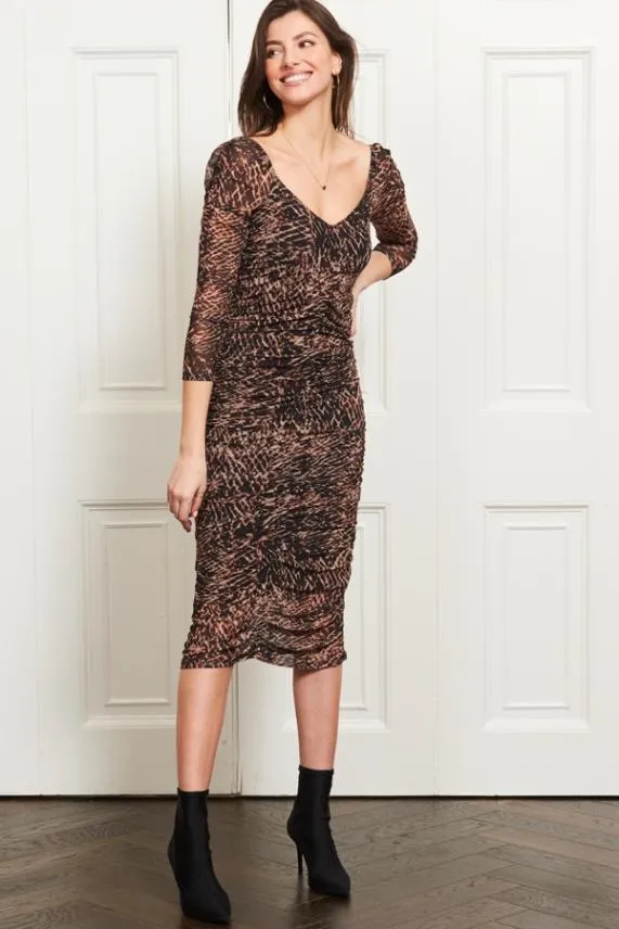 Sosandar Brown Abstract Print Ruched Front Midi Mesh Dress Brown Women Dresses Sosandar Brown Abstract Print Ruched Front Midi Mesh Dress Brown Women Dresses