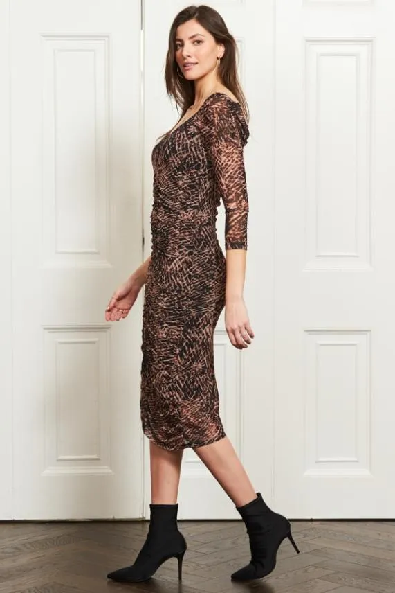 Sosandar Brown Abstract Print Ruched Front Midi Mesh Dress Brown Women Dresses