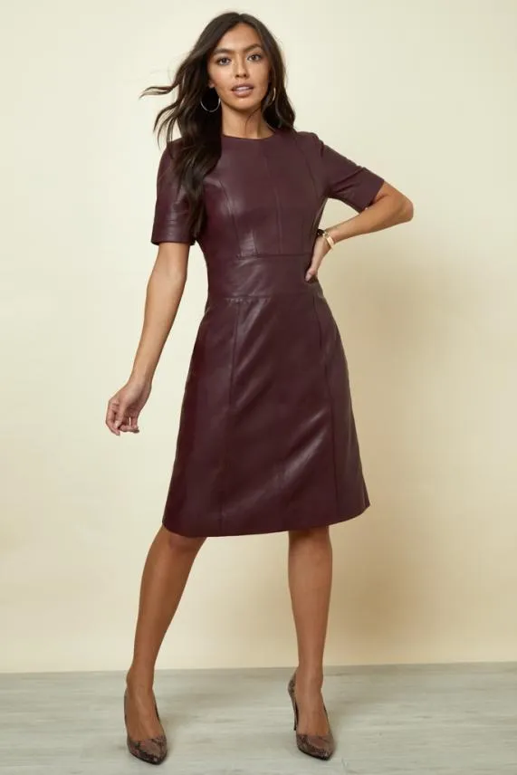 Sosandar Burgundy Leather Panelled Shift Dress Burgundy Women Dresses