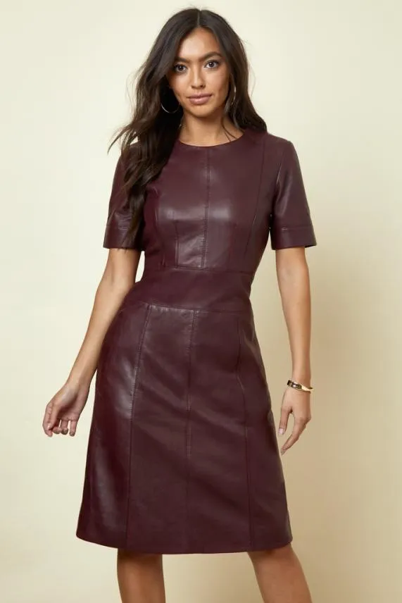Sosandar Burgundy Leather Panelled Shift Dress Burgundy Women Dresses