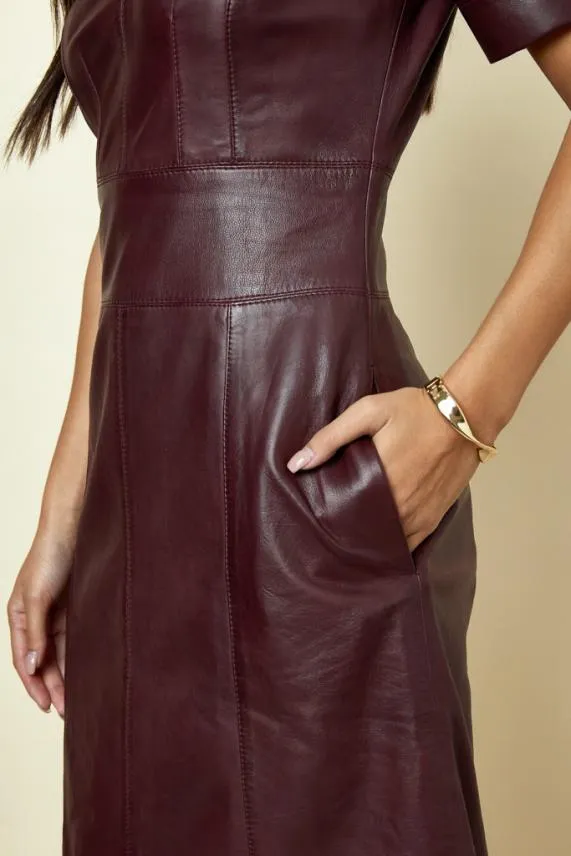 Sosandar Burgundy Leather Panelled Shift Dress Burgundy Women Dresses