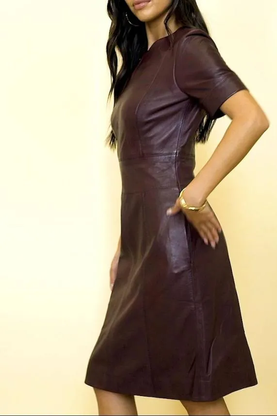 Sosandar Burgundy Leather Panelled Shift Dress Burgundy Women Dresses