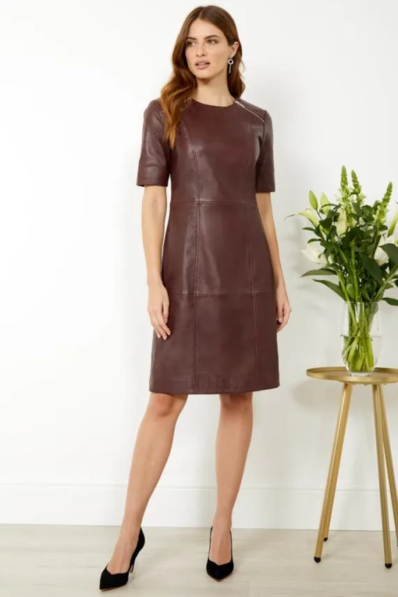 Sosandar Burgundy Leather Zip Detail Shift Dress Burgundy Women Dresses