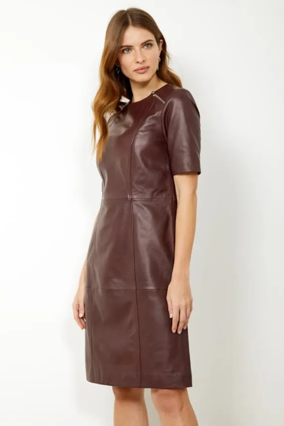 Sosandar Burgundy Leather Zip Detail Shift Dress Burgundy Women Dresses