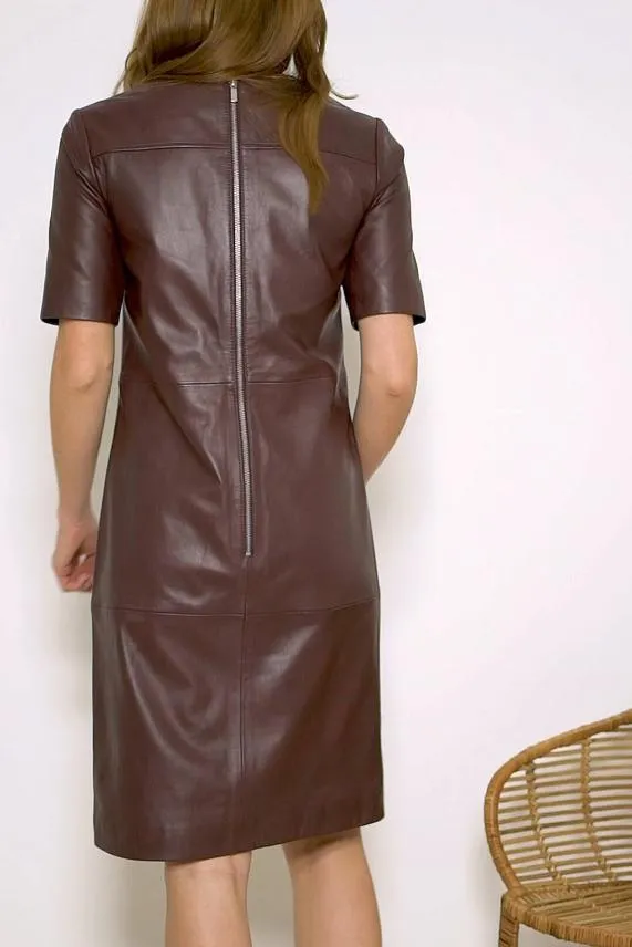 Sosandar Burgundy Leather Zip Detail Shift Dress Burgundy Women Dresses