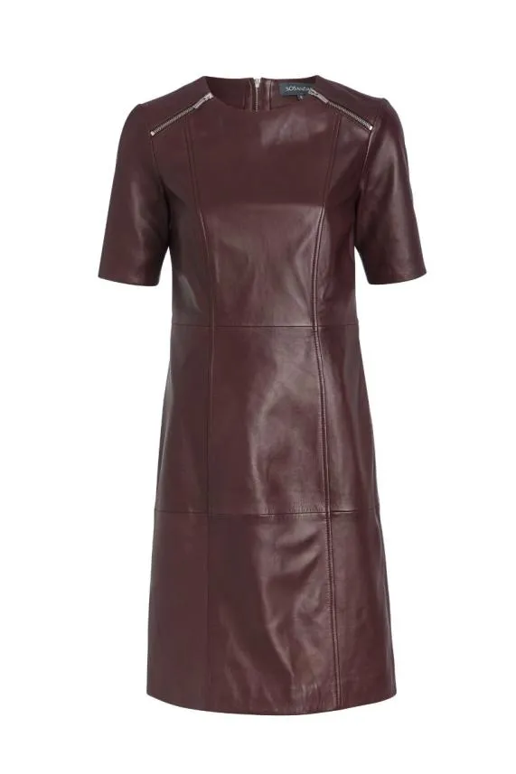 Sosandar Burgundy Leather Zip Detail Shift Dress Burgundy Women Dresses