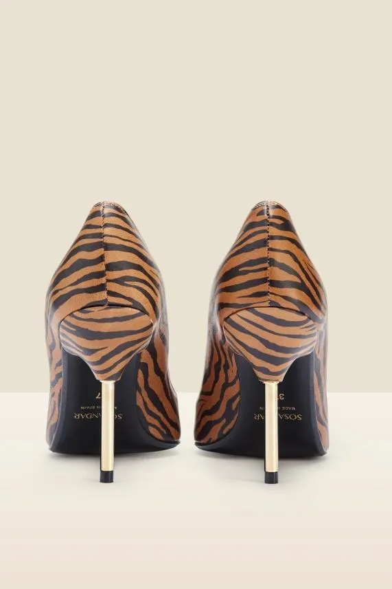 Sosandar Capri Tiger Print Leather Metal Heel High Court Shoe Women Heels