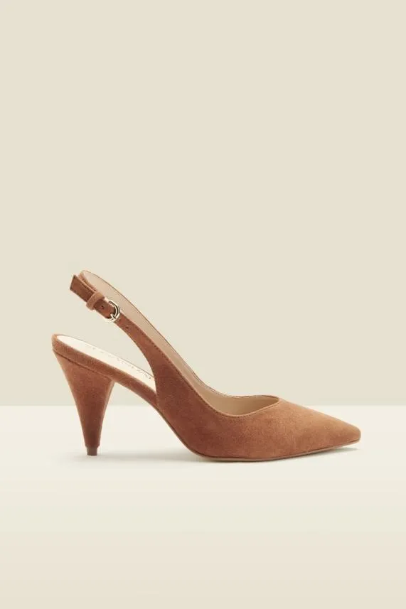 Sosandar Cara Cognac Suede Cone Heel Slingback Shoe Women Mid Heels